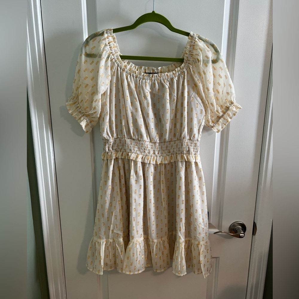 Lulus Touch of Glam White Dotted Off-the-Shoulder Mini Dress, size Medium